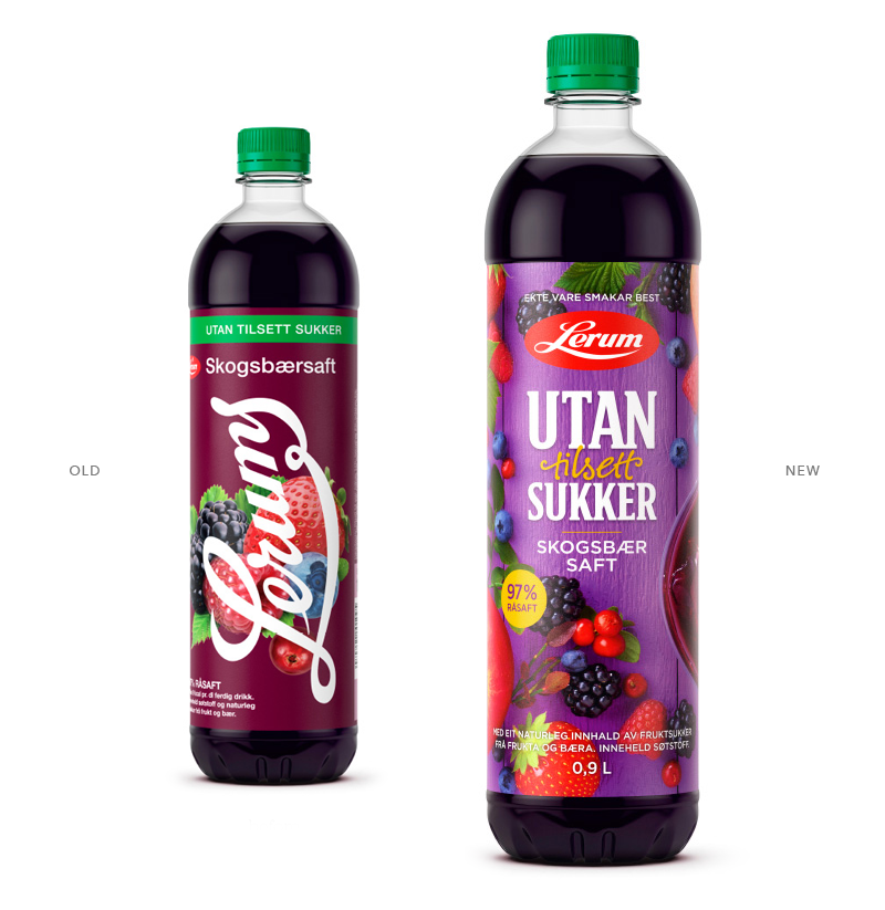 Lerum utan tilsett sukker Skogsbær saft. Forest berry juice. Emballasje packaging design.