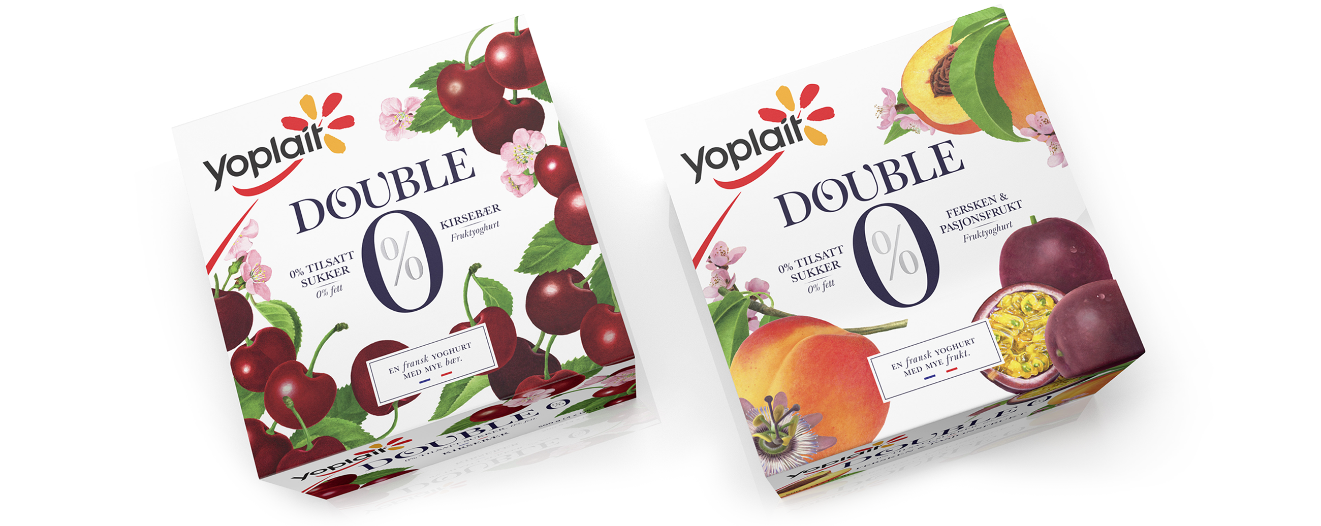 Yoplait Double 0% yoghurt Kirsebær og fersken & pasjonsfrukt, cherry, peach & passionfruit. Emballasje packaging design.