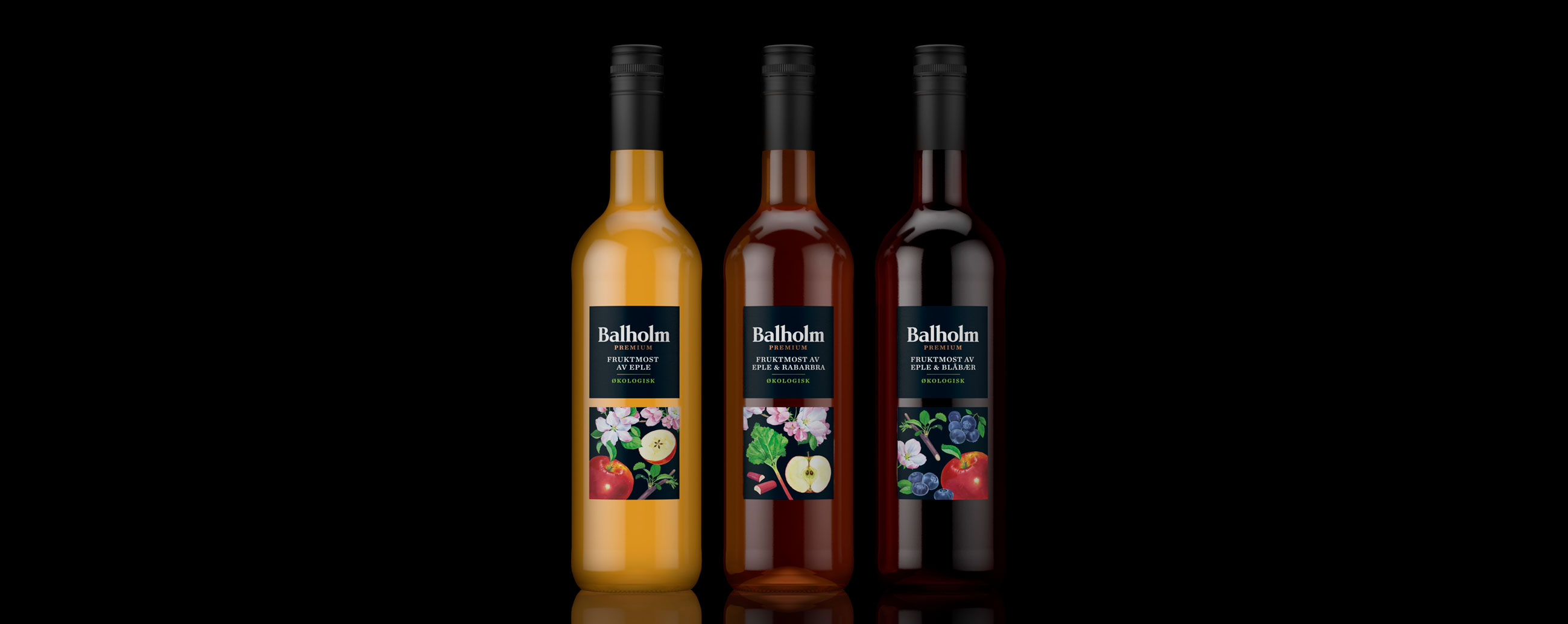 Balholm Fruktmost fresh juice bottles flasker. Emballasje packaging design.