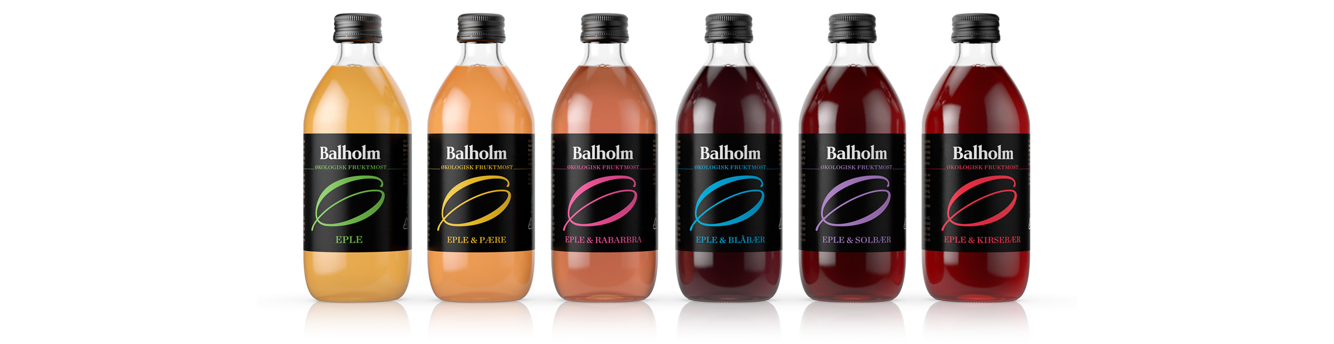 Balholm Fruktmost økologisk organic fresh juice bottles flasker. Emballasje packaging design.
