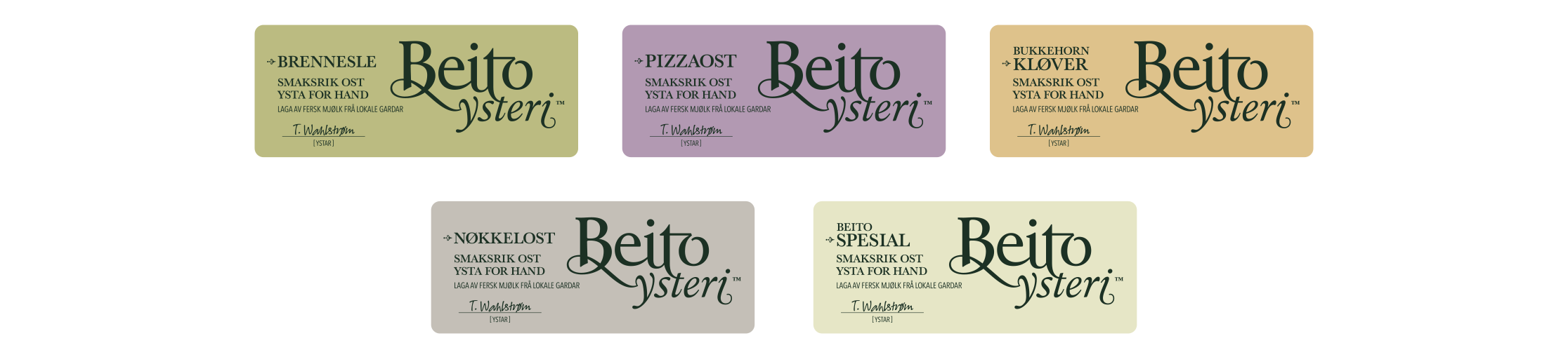 Beito Ysteri etiketter labels. Visuell identitet visual identity.