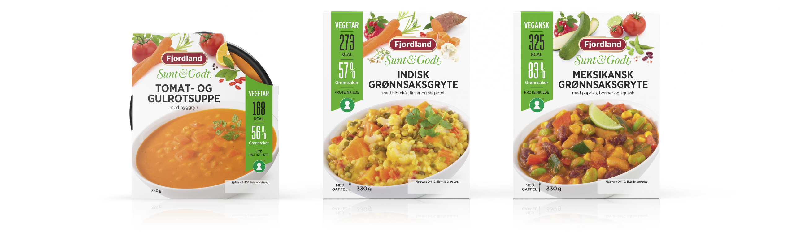 Fjordland Sunt & Godt Tomat & gulrotsuppe, indisk og meksikansk grønnsaksgryte. Emballasje packaging design.