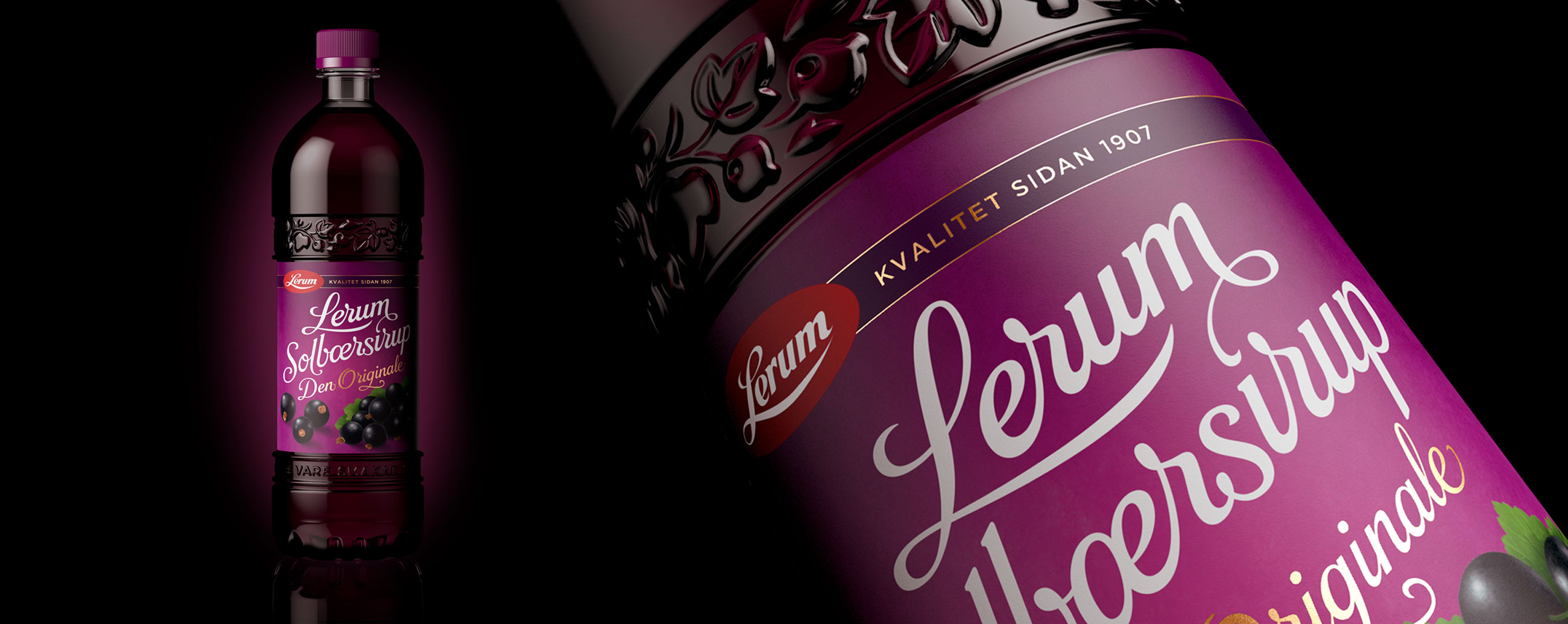 Lerum Solbærsirup blackcurrant syrup. Emballasje packaging design.