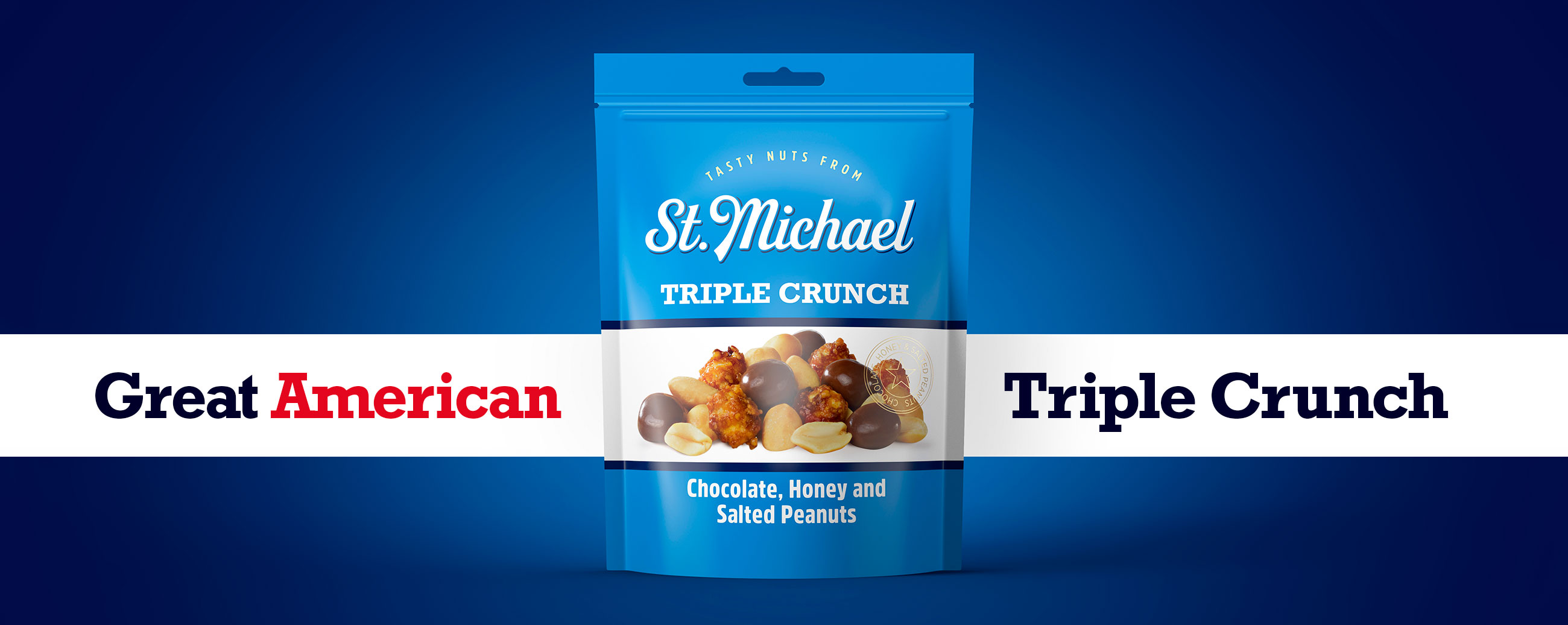 St. Michael nuts nøtter, triple crunch. Emballasje packaging design.