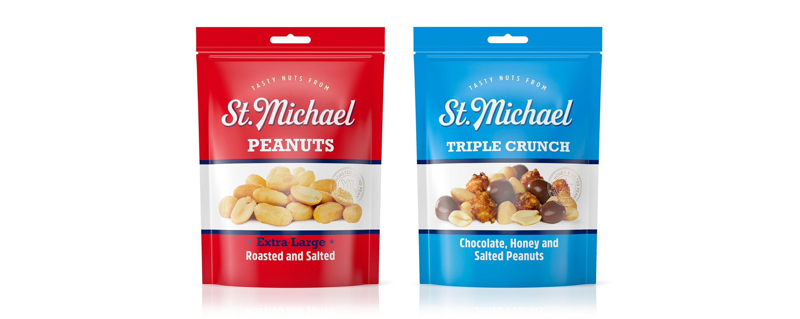 St. Michael nuts nøtter, peanuts peanøtter, triple crunch. Emballasje packaging design.