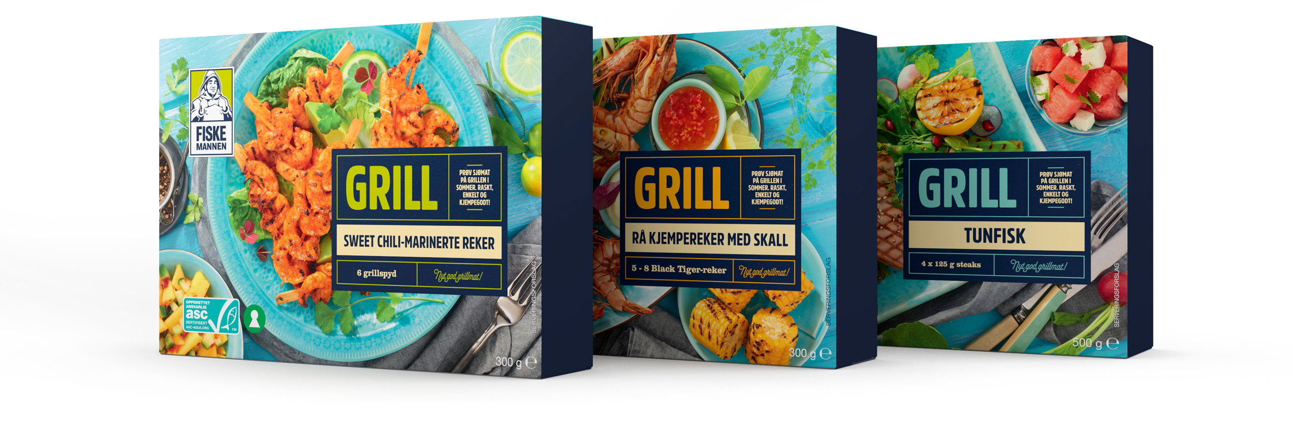 Fiskemannen Grill Sweet chili marinerte reker, rå kjempereker med skall og tunfisk. Emballasje packaging design.