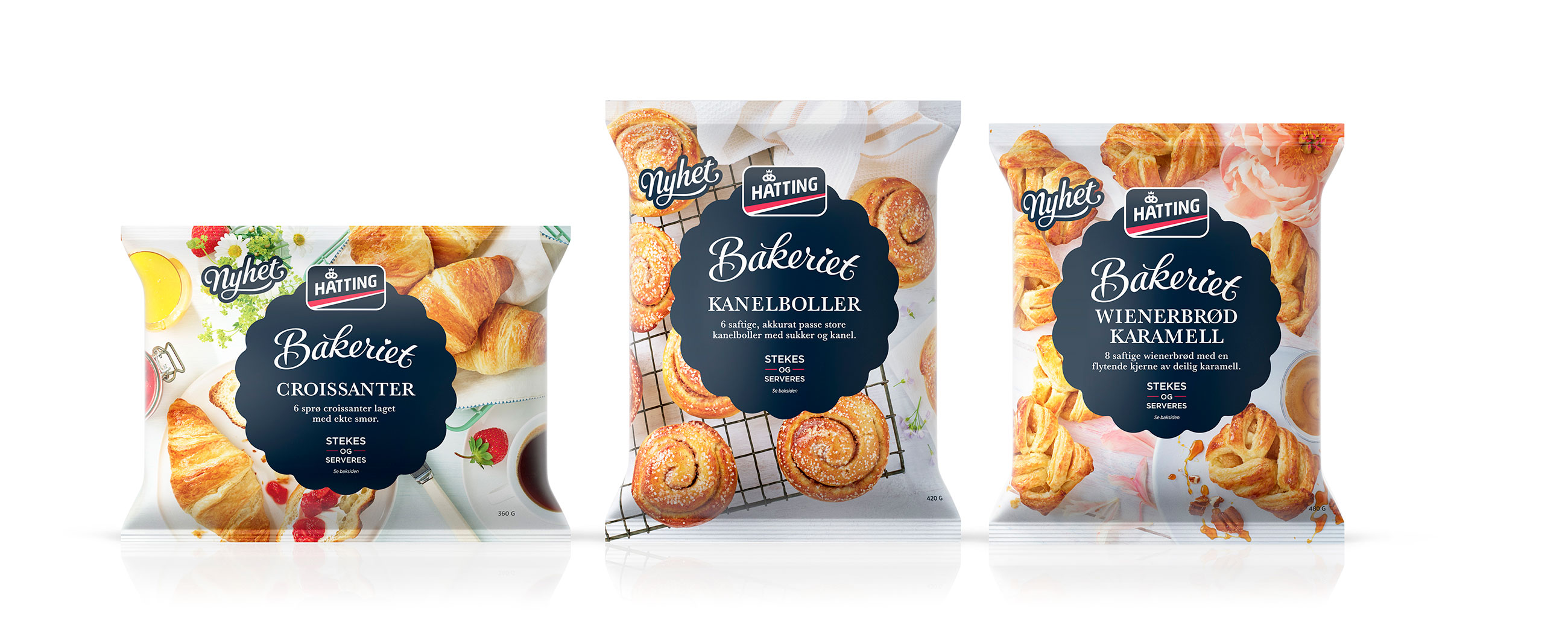 Hatting Bakeriet croissanter, kanelboller og wienerbrød. Emballasje packaging design.