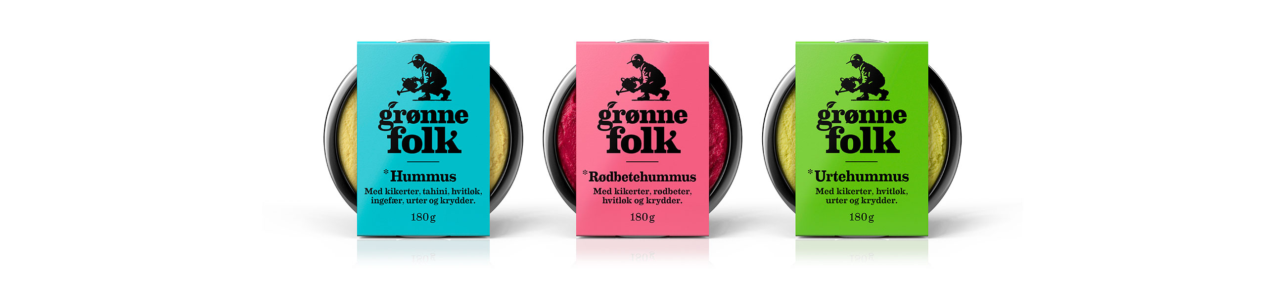 Grønne Folk Hummus, Rødbetehummus og Urtehummus. Emballasje packaging design.