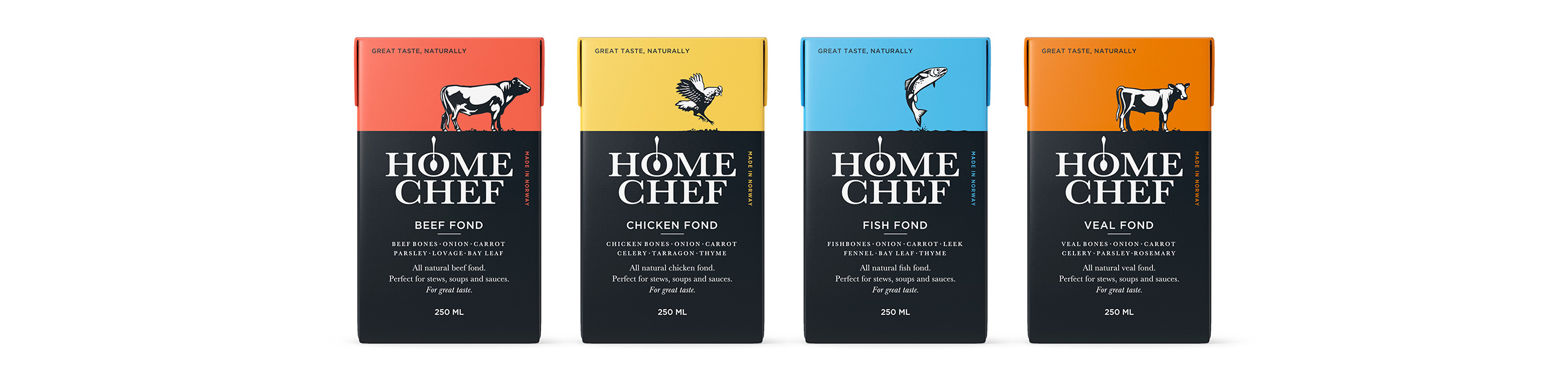 Salsus Home Chef Beef, chicken, fish and veal fond. Emballasje packaging design.