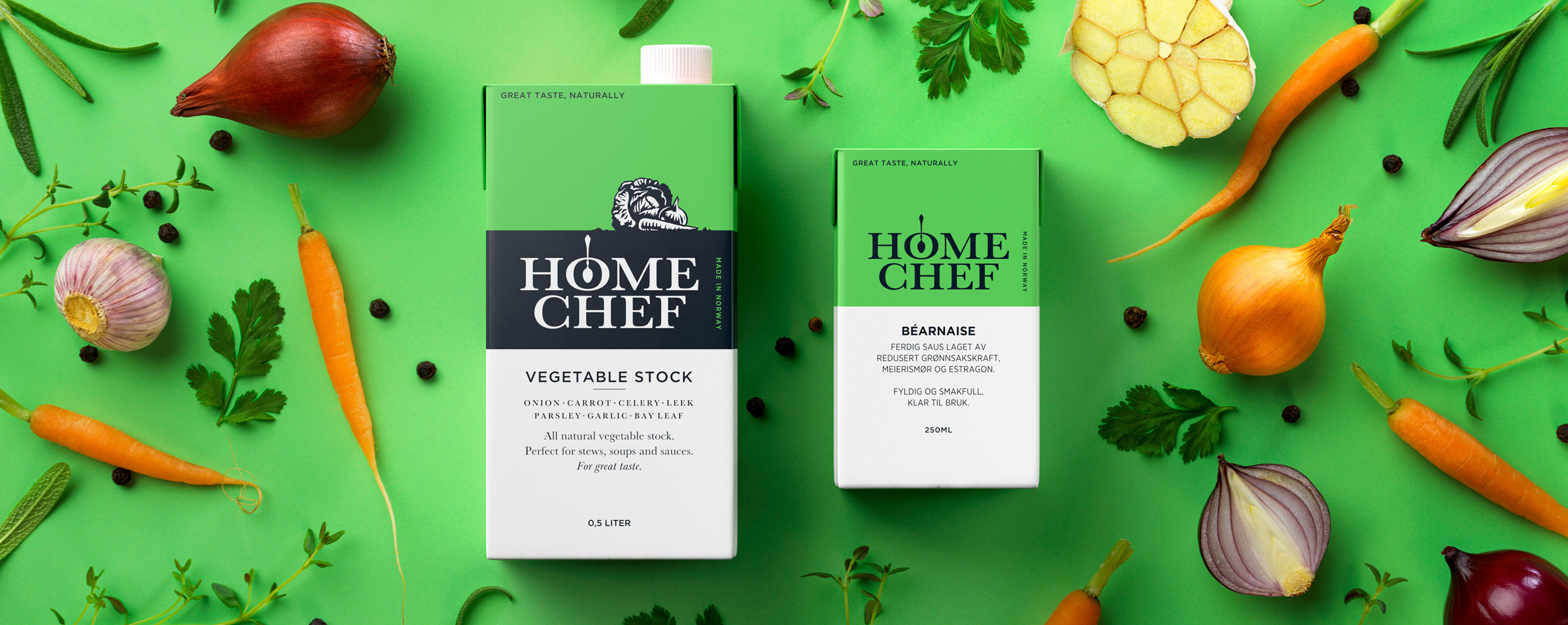 Salsus Home Chef broth Kraft vegetable stock, béarnaise. Emballasje packaging design.