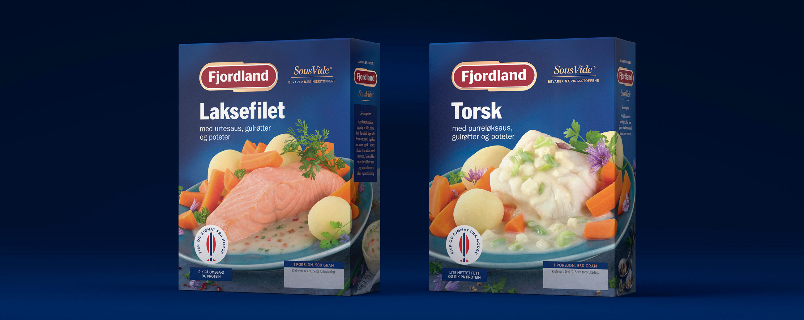 Fjordland Sous Vide Laksefilet og torsk, salmon fillet and cod. Emballasje packaging design.