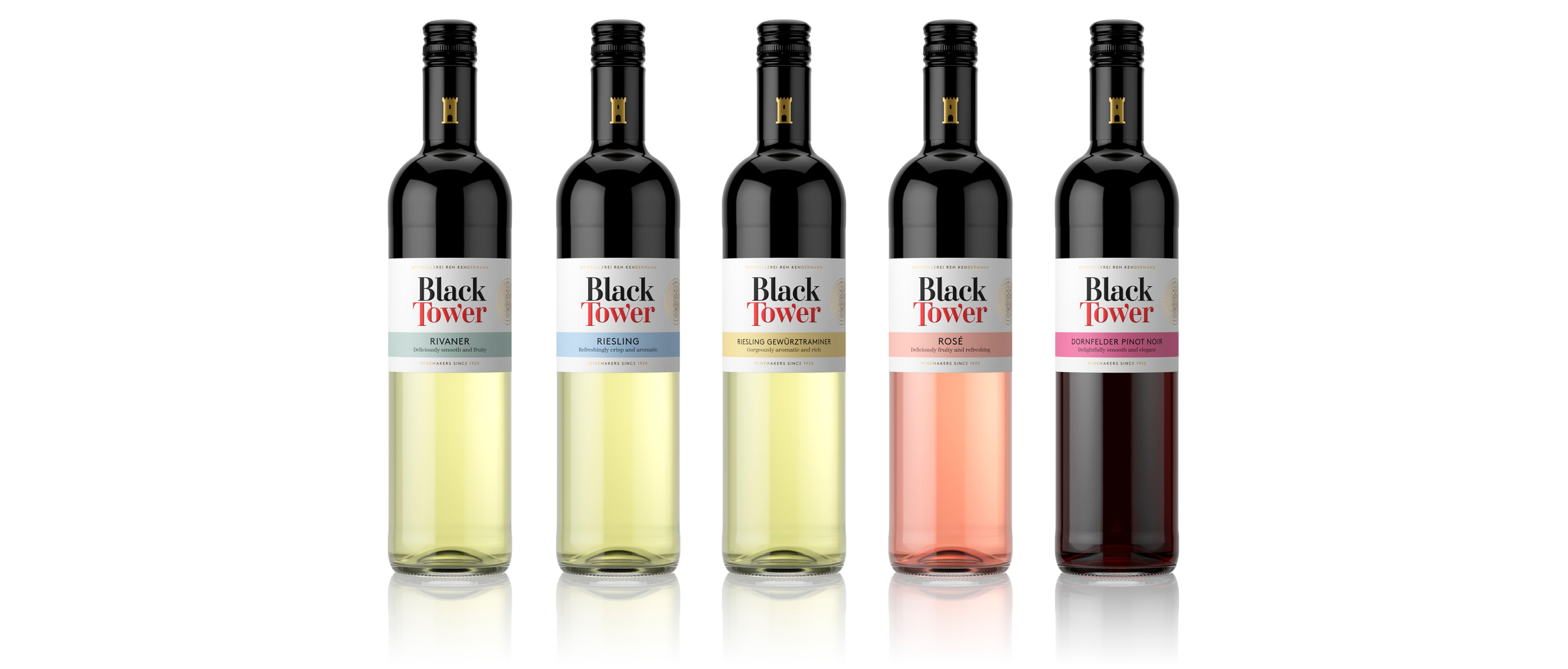 Black Tower redesign pakningsdesign vist på vinflasker packaging design product series of wine bottles