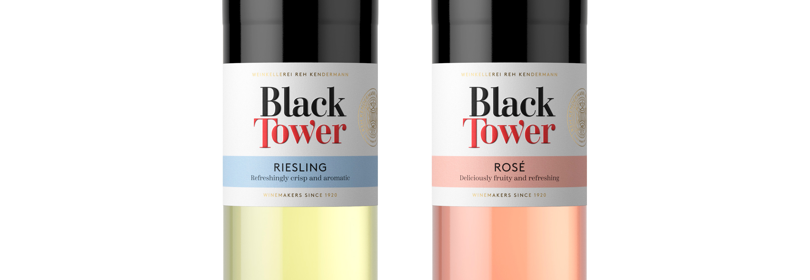 Black Tower redesign merkevare og pakningsdesign vist på etiketter på vinflasker packaging design and brand on labels of wine bottles
